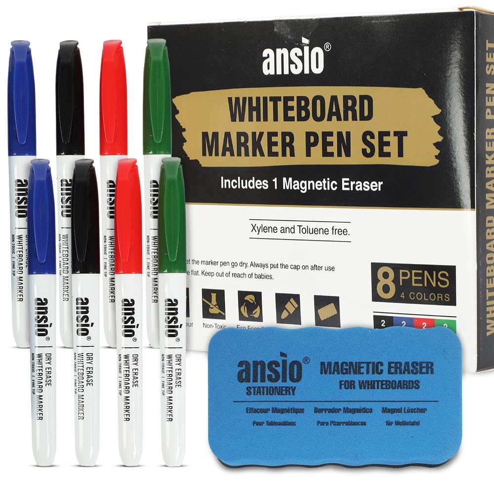 ANSIO Whiteboard Pens, Whiteboard Markers Set with Magnetic Eraser, White Board Markers (8 White Board Pens set + Eraser)