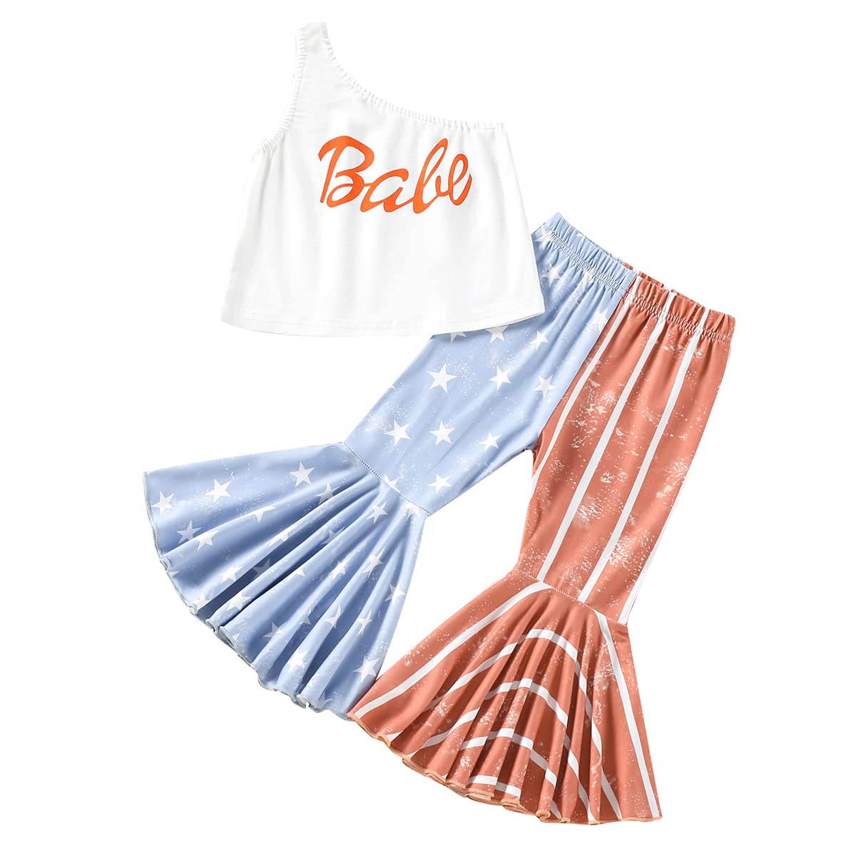 Toddler Kid Baby Girls 4th of July Outfits Short Sleeve Tassels T-Shirt Tops American Flag Print Flared Pants Summer Clothes (Babe White,3-4T)