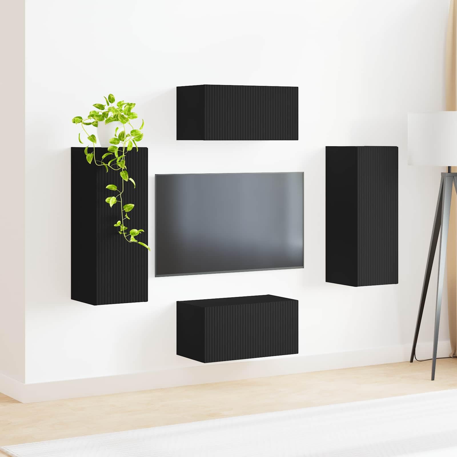 TV-Schrankset Wandmontiert 2-teilig, Schwarz Holzwerkstoff, Modernes Media-Center für Wohnzimmer, Elegantes Design, Platzsparendes Entertainment-Möbel
