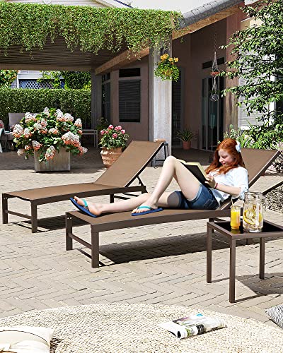 Crestlive Products 2Pcs Patio Chaise Lounges And 1Pc Table Set Aluminum Adjustable Lounge Chairs With Tempered Glass Side Table, Curved Design, All-Weather Outdoor Recliners (Brown) #TOP1