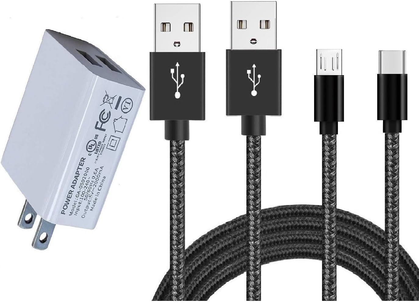 Charger Block with 6.6Ft USB Type C Cord & Micro USB Cable
