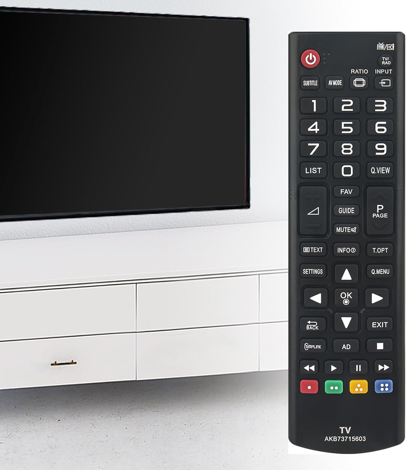 Person holding the VINABTY AKB73715603 remote control towards a television