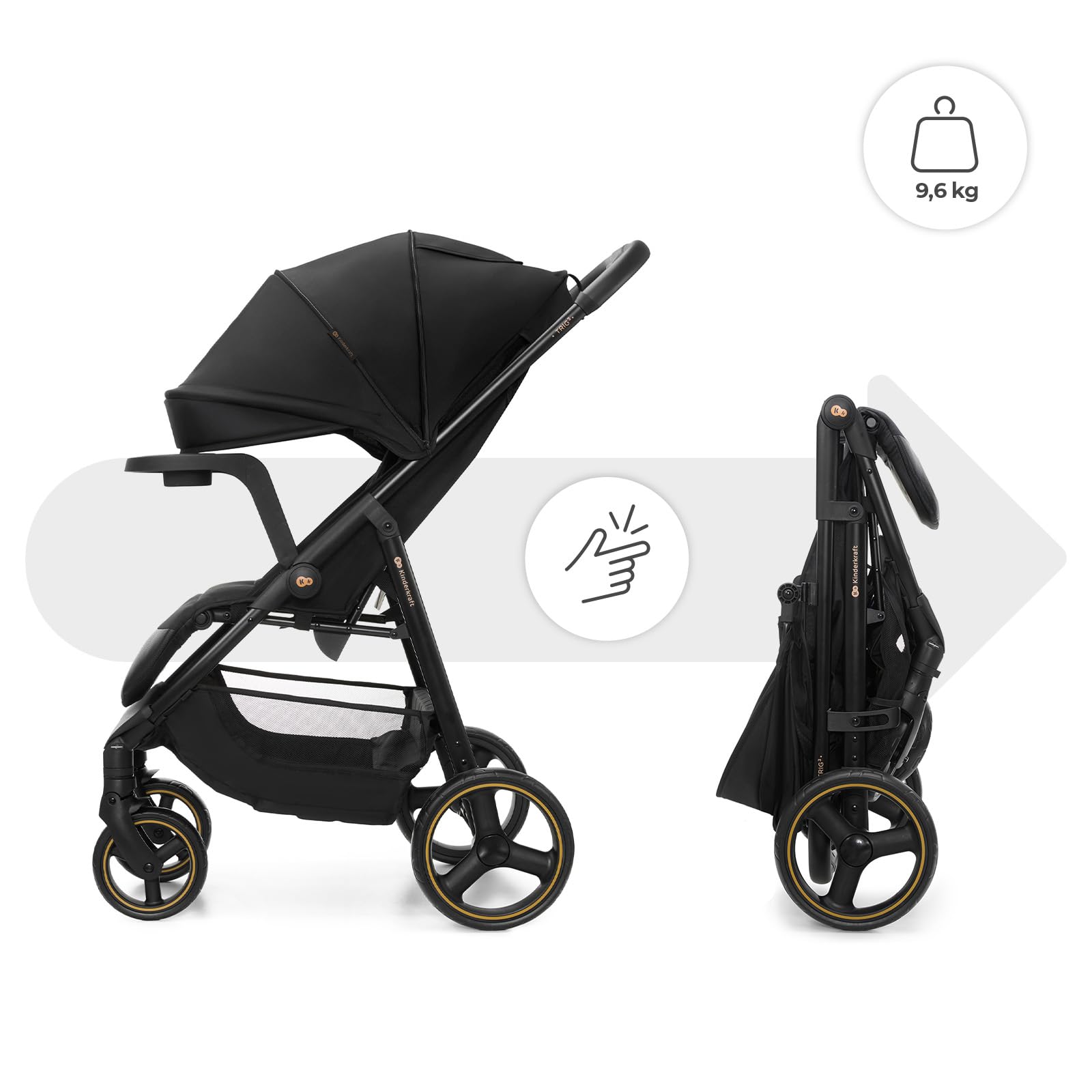 Kinderkraft TRIG 3 con vassoio, Passeggino 22 kg, CLICK & FOLD, Nero