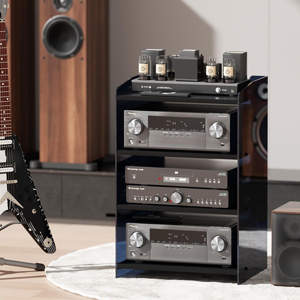 Mobile Stereo Hi Fi Rack In Acrilico,Mobile Stereo A 3/4 Livelli Regolabili ,Scaffalature Audio-Video,Piccolo Mobiletto Stereo E Supporti Audio-Video Trasparente,Adatto Per Lettori Dvd(Transparent/bla