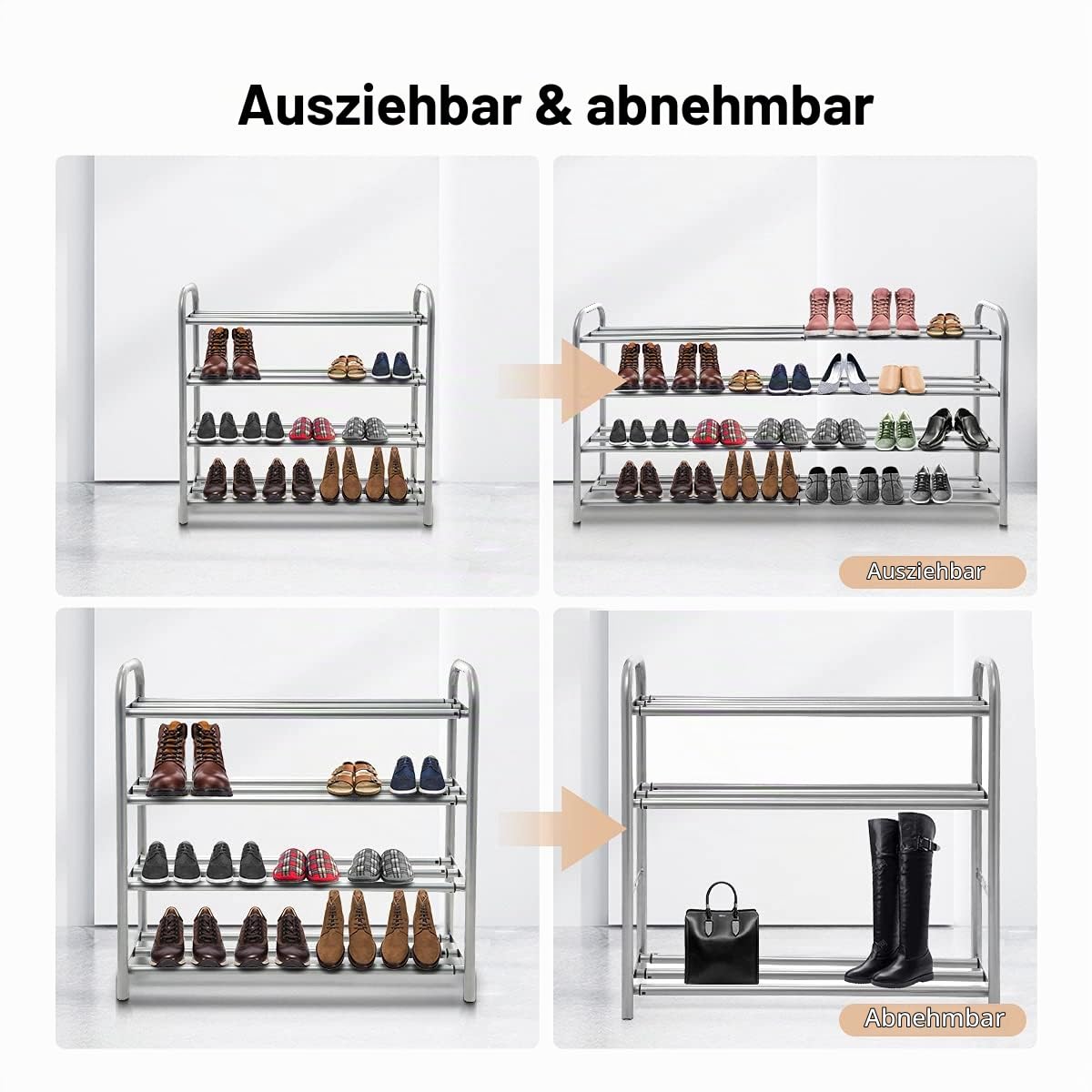 Schuhregal Ausziehbar mit 4 Ablagen Stark und Langlebig Schwerlast Metall Schuhständer Erweiterbar Schuhablage 20 Paar Schuhe