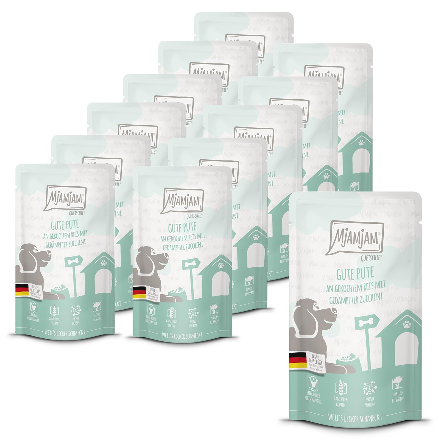MjAMjAM - Premium Nassfutter für Hunde - Quetschie - Gute Pute an gekochtem Reis mit gedämpfter Zucchini, 12er Pack (12 x 125g), glutenfrei mit extra viel Fleisch