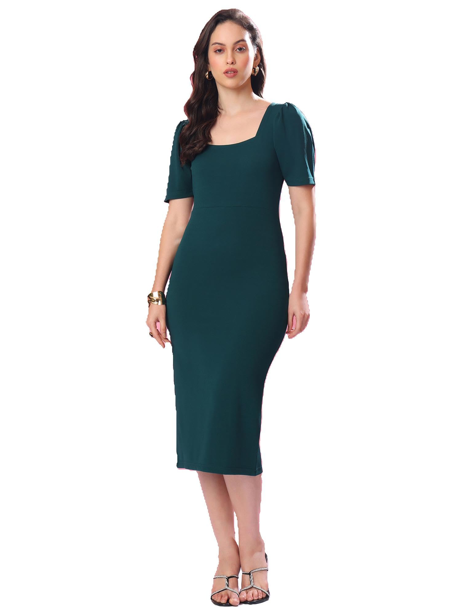 Purvaja Womens Bodycon Knee Length Dress (Bely-005_Green_Medium)
