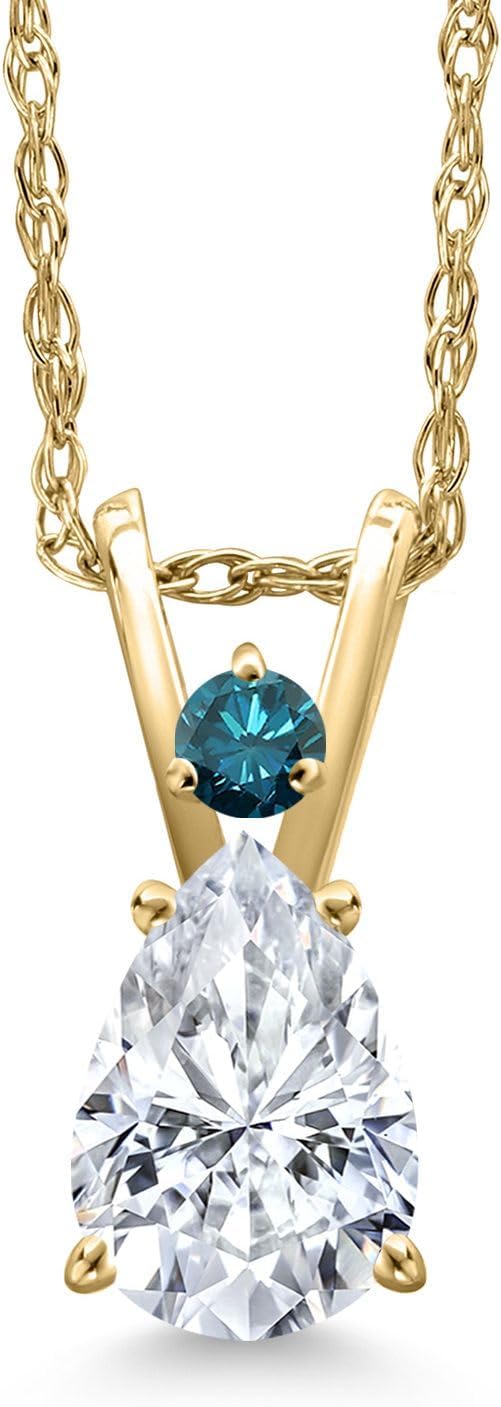 Gem Stone King 14K Yellow Gold White Moissanite and Blue Diamond Pendant Necklace for Women | 0.70 Cttw | Gemstone Birthstone | Pear Shape 7X5MM | With 18 Inch Chain