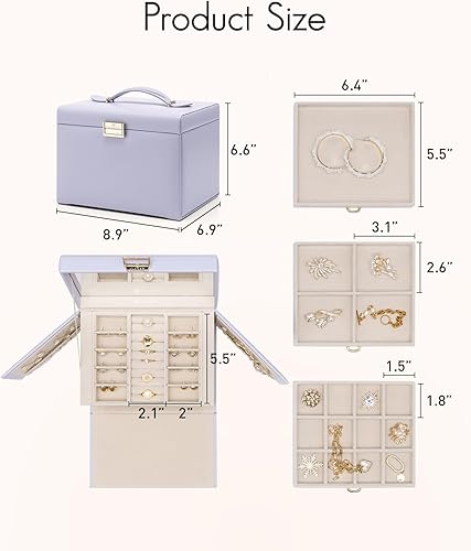 Miniatura 5 de Vlando Joyero de 4 niveles, cajas de joyería y organizadores con asa, 3 cajones de viaje con espejo, almacenamiento de joyas, aretes, collares,