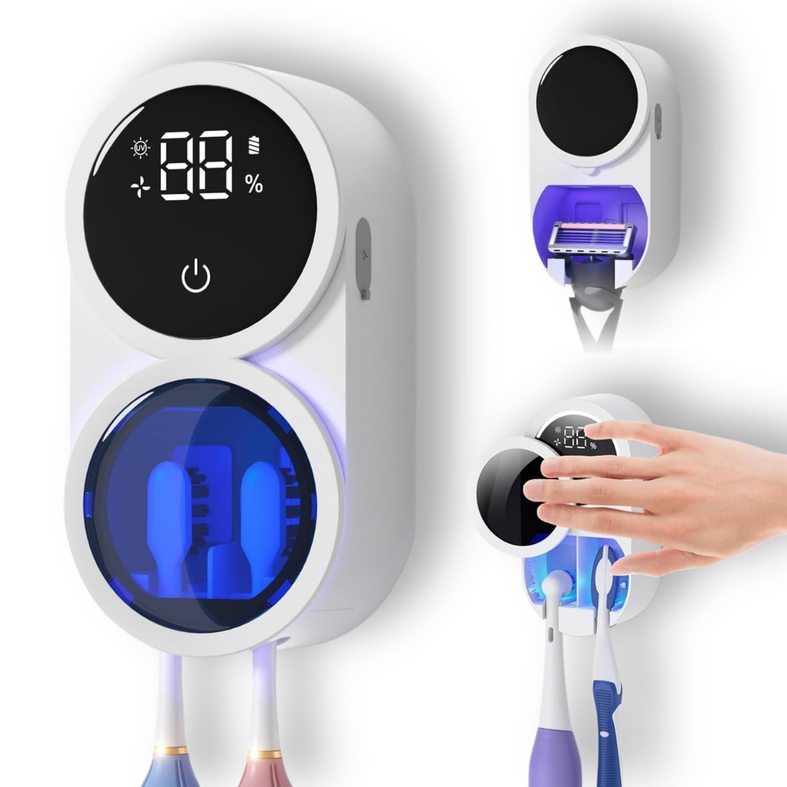 UV Toothbrush Sanitizer Wall Mounted with Auto Sensing Cover, 140°F Air Drying, 50-Day Rechargeable Battery & Dual Disinfection - Fits Electric, Manual & Kids Toothbrushes for Bathroom