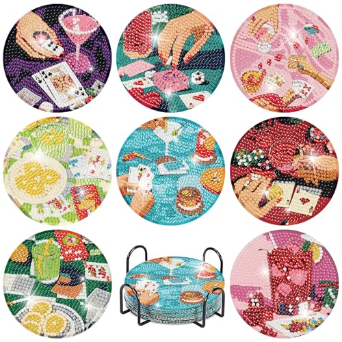 tigdtiu 8 Pcs Diamond Art Coasters Kit for Adults Beginners Poker Diamond Painting Coasters with Holder 5D Cocktail Gem Art DIY Crafts Diamond Dots for Gift