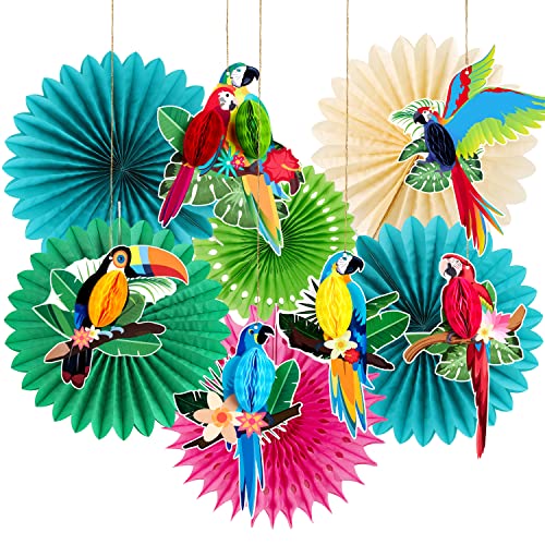 Image of Paper Jazz Tropical Parrot Party Decorations Hawaii Luau Hanging Paper Fans | Green Teal Color, Jungle /Tiki /Hawaii Birthday Decoration Includes 12Pcs Fans & Poms For Beach Summer Party, Luau Theme Party
