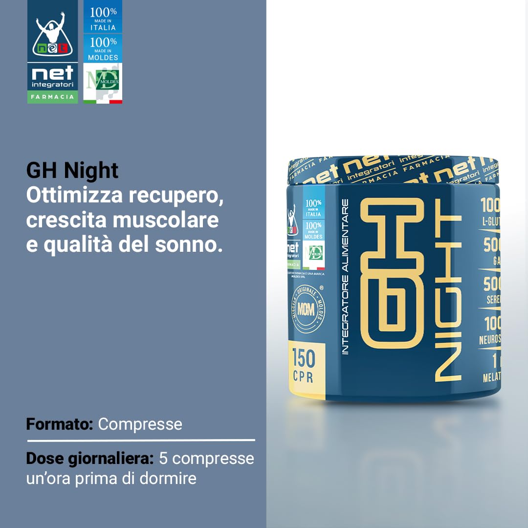 NET Integratori Farmacia GH NIGHT - 150 cps Integratore per il Recupero Muscolare durante il Riposo Notturno - Supporto del Sonno e Benessere con Melatonina, GABA e Ashwagandha