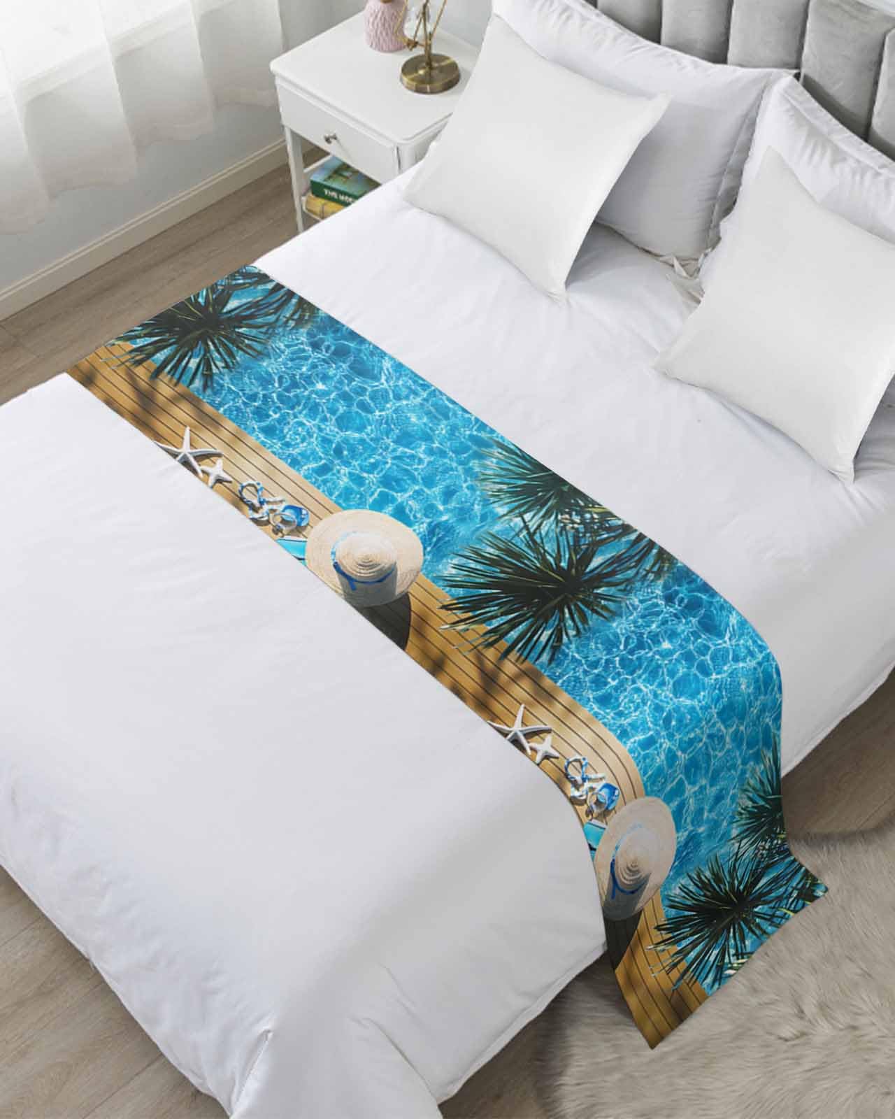 Twin Bed Runner Summer Blue Ocean Water Ripple Bedding Runner Scarves Decorative Bed Scarf, Straw Hat on Brown Board Soft Bedding Scarf for Bedroom Hotel Wedding 94x20in