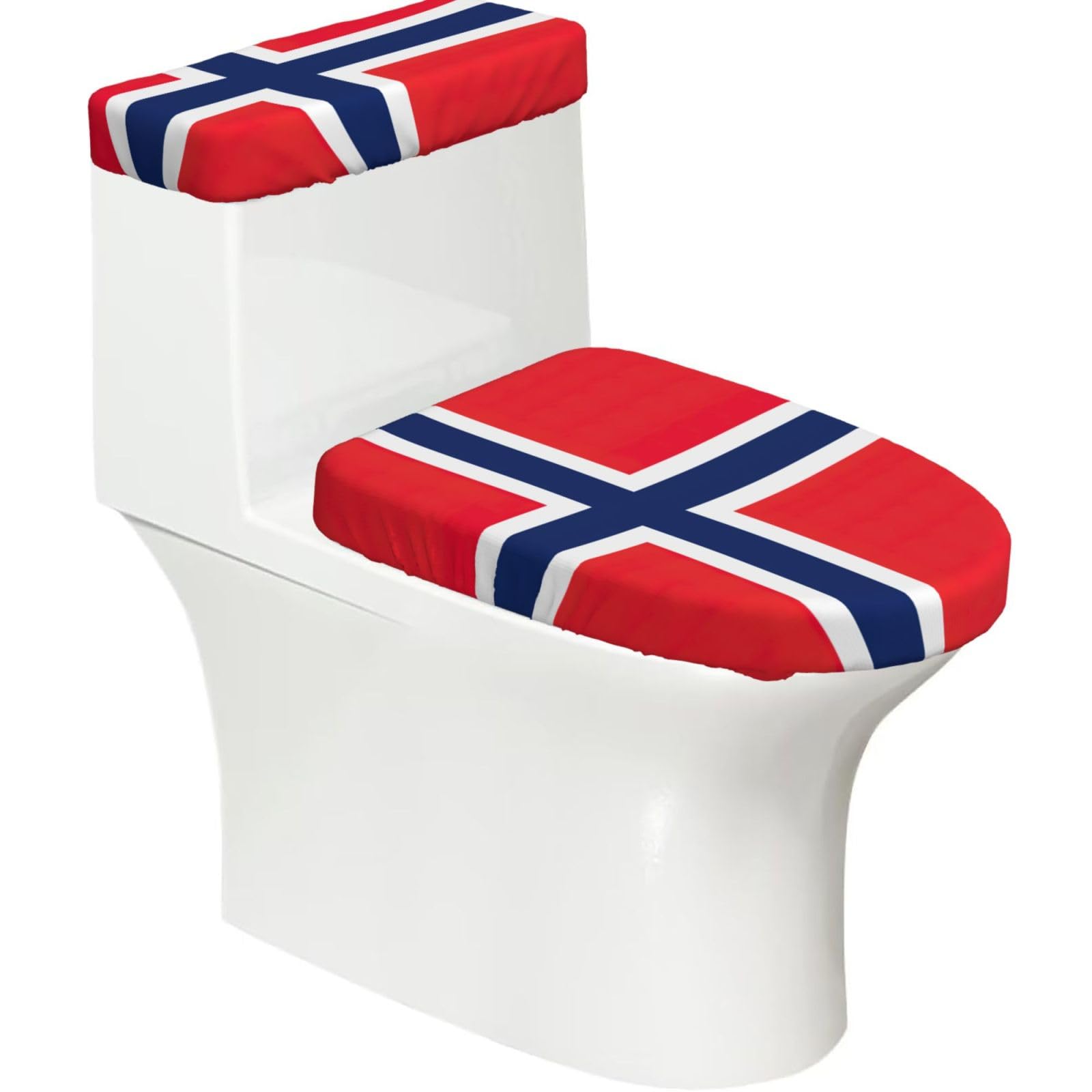 Norwegian Flag Printed Toilet Tank and Lid Cover Set of 2 for Most Bathrooms, Fits Elongated Round Toilets