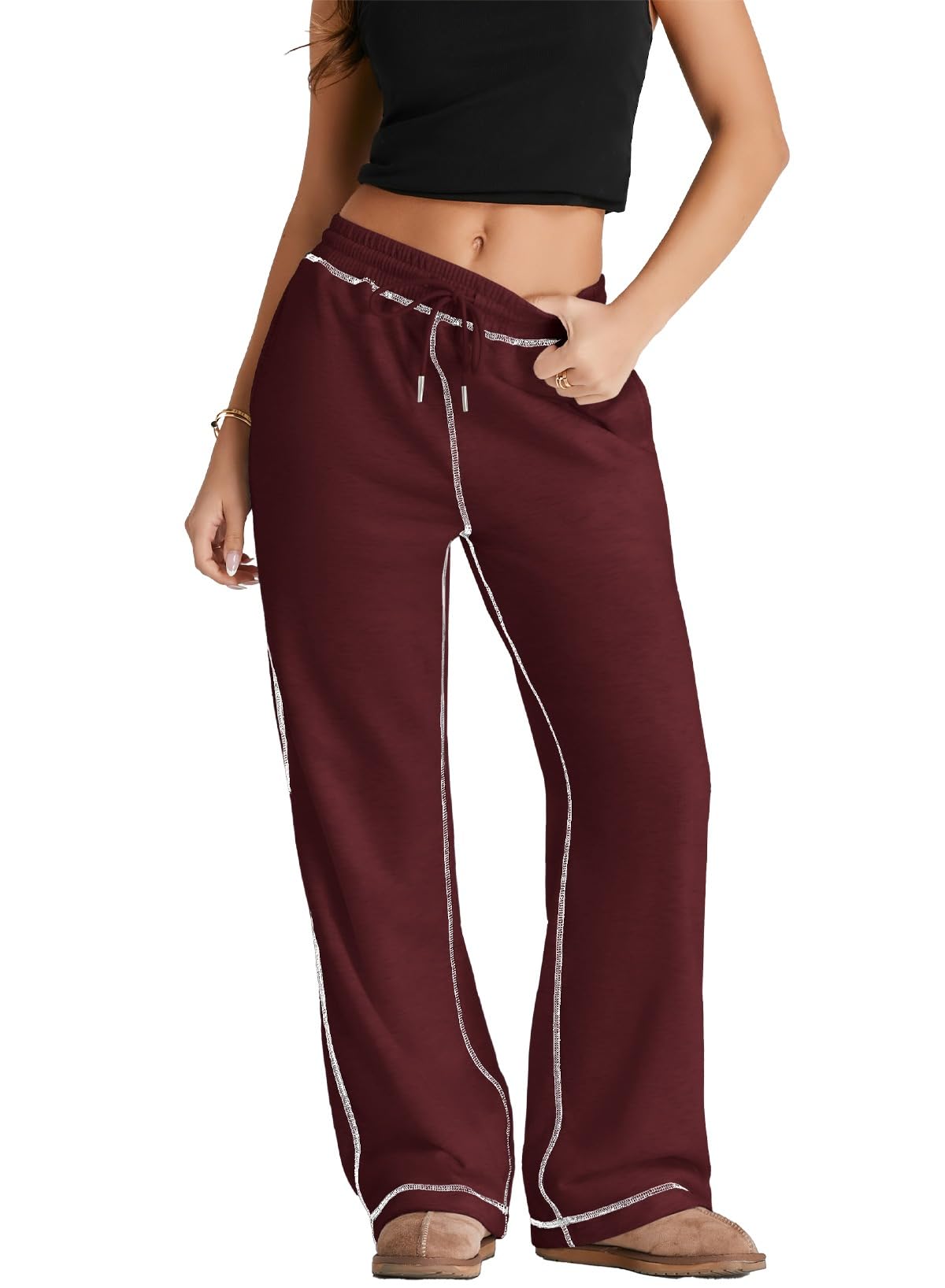 Herseas High Waisted Sweatpants for Women 2025 Fall Wide Leg Contrast Stitching Drawstring Loose Lounge Jogging Pants