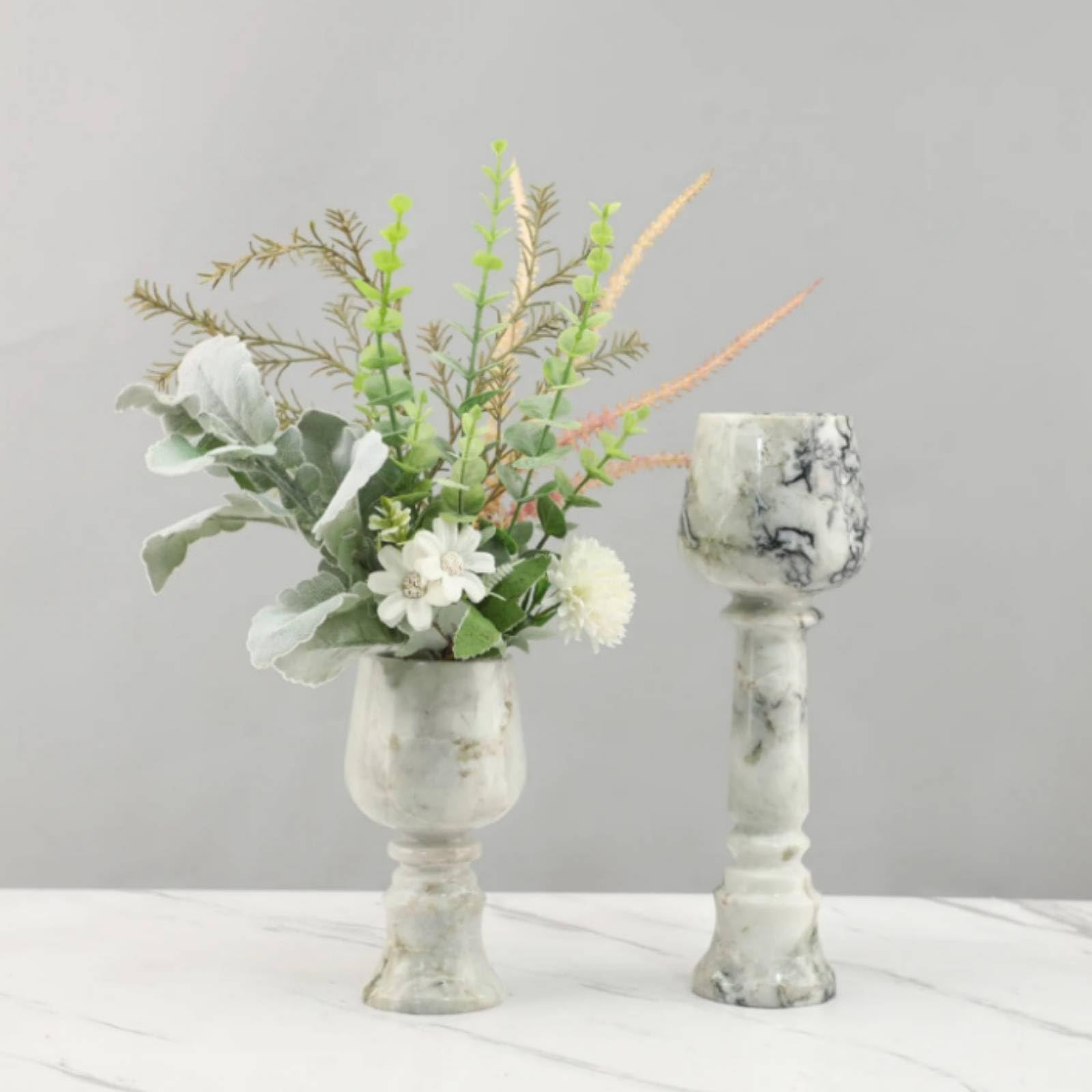 Sharplace Marmorkerzenhalter Marmor Vase Kerzenständer Pokalhalter Sockel Dekohalter mit Weißer Grundfarbe Und Grauer Maserung aus Solidem Material für, 9 9 17cm