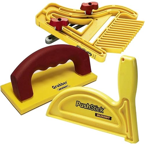 Milescraft 7334 Safety Bundle - Includes Feather Board, Push Stick, and FREE Grabber push block. Ideal for use on router tables, table saw, jointers, and even band saws , Yellow