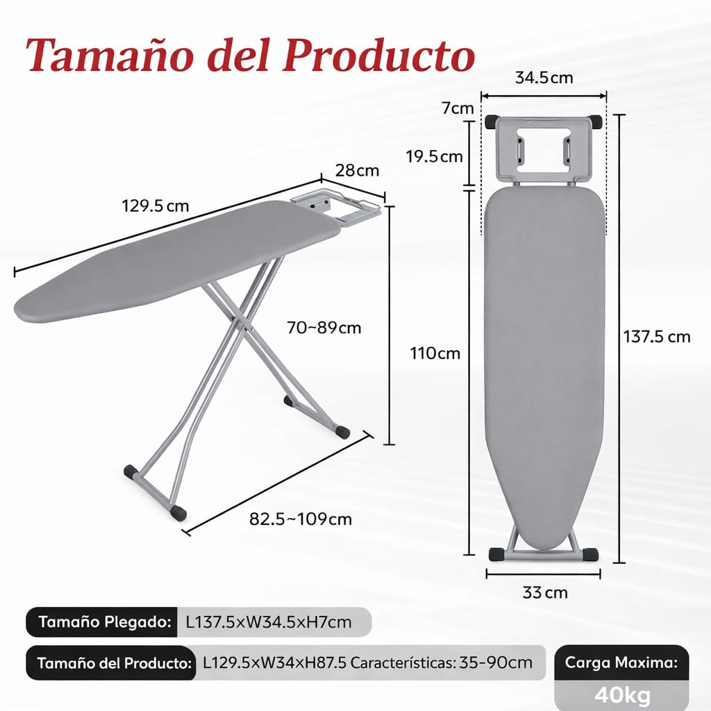 Tabla de Planchar Grande y Plegable con Altura Regulable Desde 70 a 90cm | 120x35cm | Estructura metálica | Soporte de Plancha Antideslizante | Funda rellena de algodón Resistente al Calor | Ligera