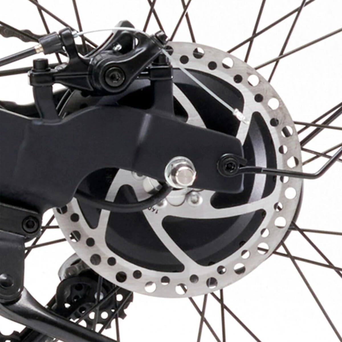 Diagram of QiCycle C2 bicycle components including adjustable seat post, lithium-ion battery, torque sensor, 250W motor, 8-speed transmission, steel frame, LED display, lighting system, Kenda 20-inch wheels, and front disc brake.