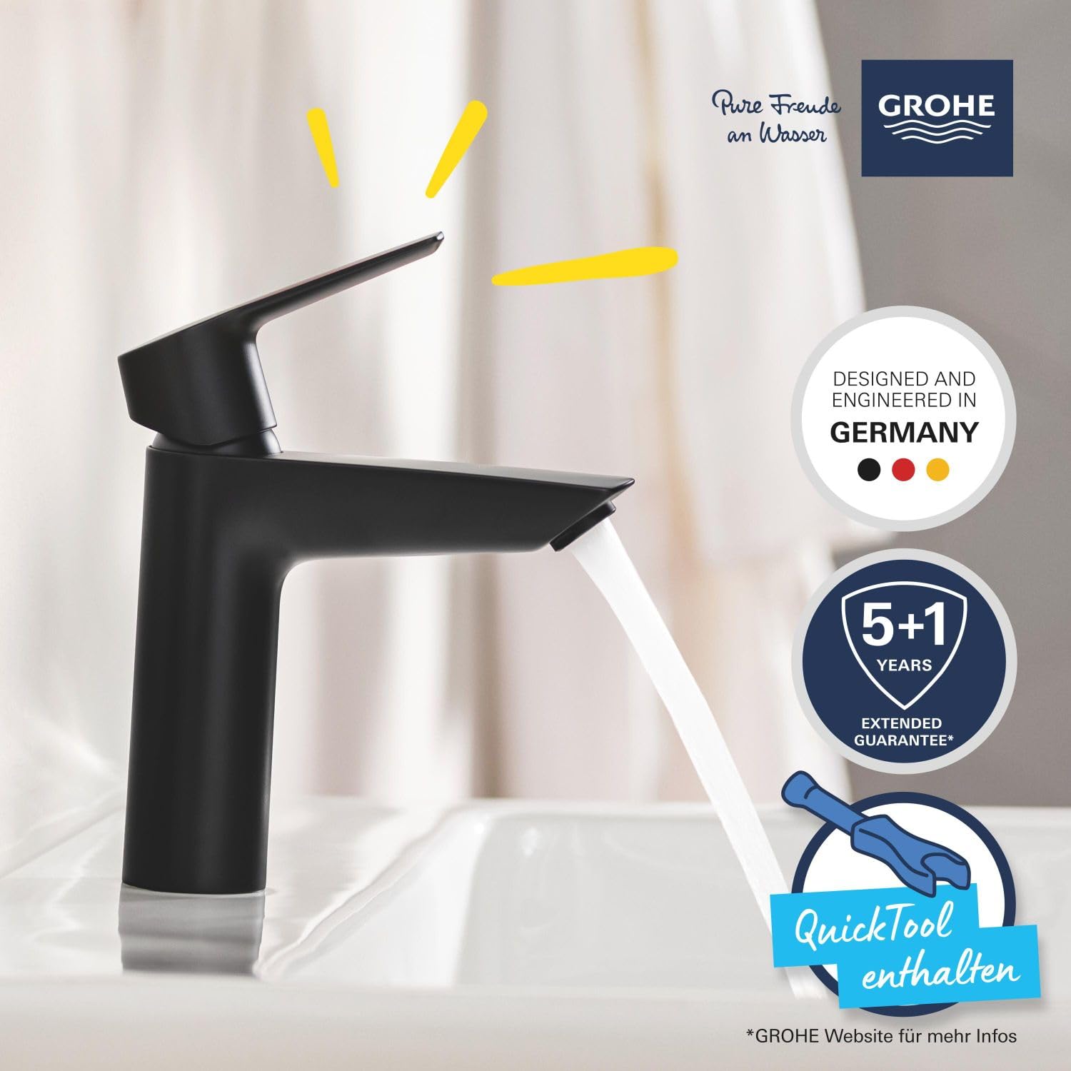 GROHE Start, Waschtischarmatur, wassersparend (Wasserhahn für das Bad, Badarmatur mit Pop-Up Ablauf, 19cm hoch, mit 3in1 Werkzeug, einfache Installation am Waschbecken), schwarz, 235752432