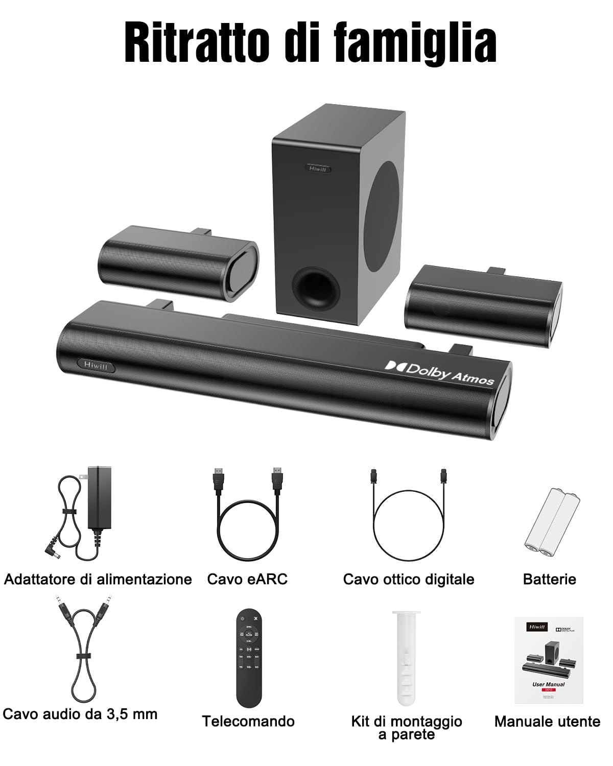 Hiwill Soundbar TV 300W su 4.1 Canali con Dolby Atmos, Sound Bar con Subwoofer, 2 Altoparlanti Surround Anteriori Cablati, Home Theater 3D, HDMI eARC, Bluetooth 5.3, Ottico, AUX, HiElite A41