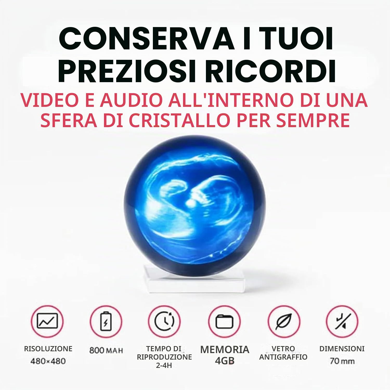 Core Memory Orb - Decorazione Natalizia con Sfera di Cristallo Magica, Personalized Uploadable Videos & Photos, Regalo di Compleanno e Anniversario, 3D Video Crystal Ball (White)