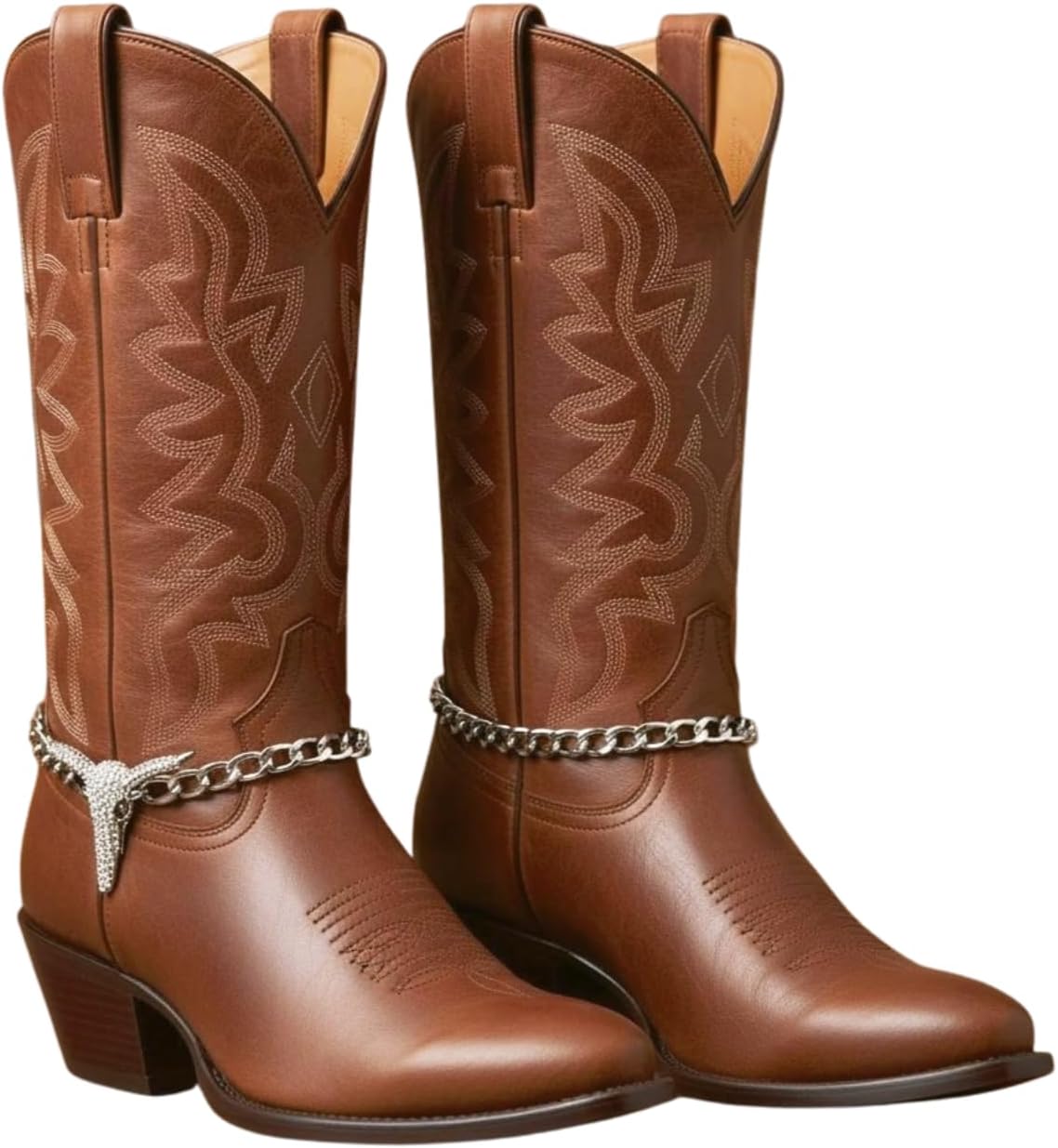 Women’s Boot Chain Anklets – Shiny Silver Rhinestone Longhorn Bull Skull Pair Western Cowgirl Boot Jewelry Handmade in the USA (BC34)