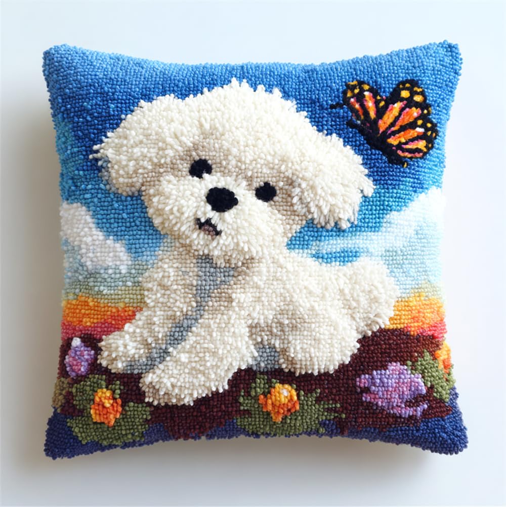 Taxpy Latch Hook Kits,Bichon Frise and Butterfly 17X17 DIY Pillowcase Hook and Latch Kit, Handmade Needlework Cushion Cover, Crochet Sofa Decoration, Relaxing Craft Activity