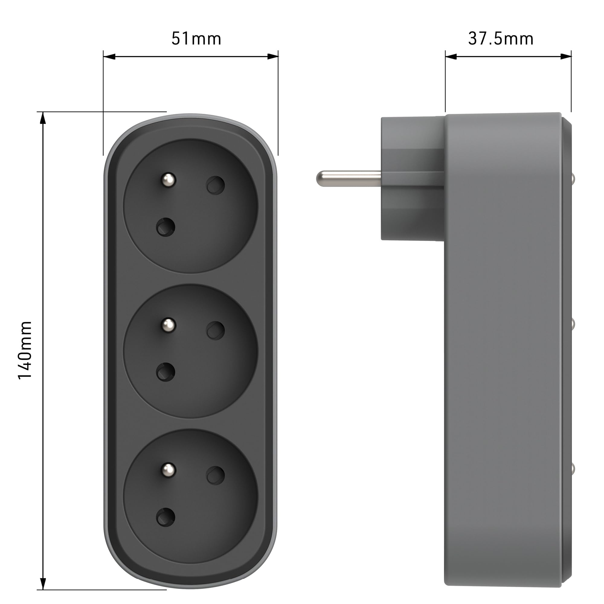 Electraline 531201 Adapter wtyczki multiprzedłużacza Triplite Prima 3 gniazda francuskie 16 A (2P+T), adapter ścienny, czarny/szary