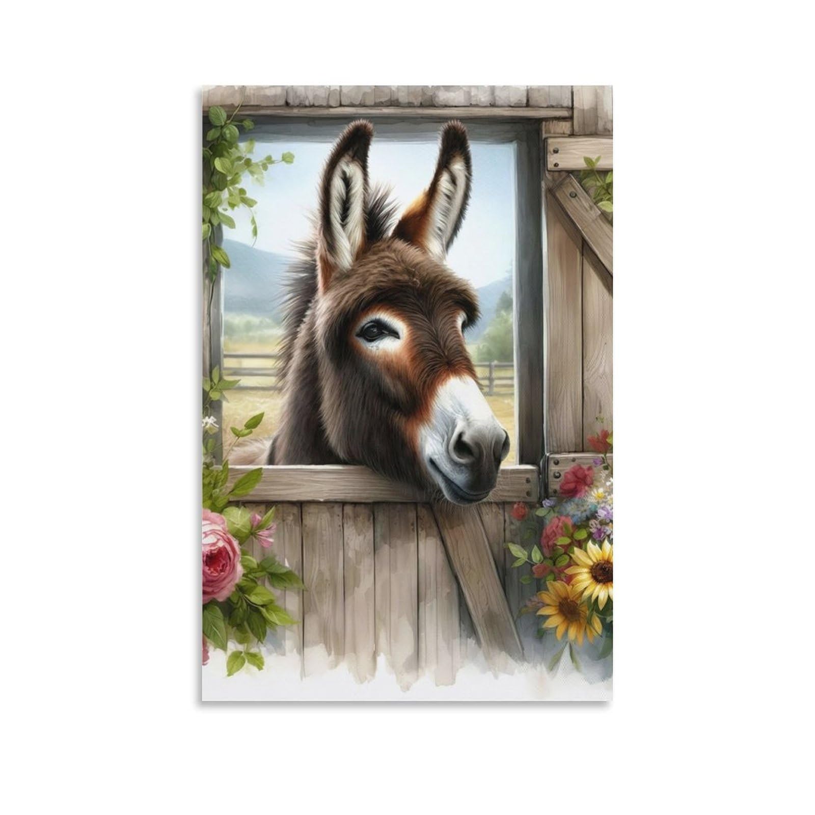 DHBANEIOK Donkey Peeking Window Poster Artwork Canvas Prints Picture Modern Canvas Wall Art Picture Wall Hanging for Office Gym Living Room Decor 12x18inch(30x45cm)