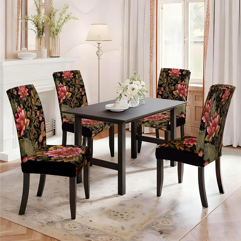 Image of Black Gold Lotus Floral Dining Chair Covers Set of 4