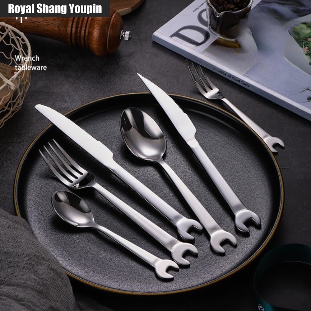 Chiave Unica Maniglia Cucina Acciaio Inossidabile Posate Stoviglie Posate Set Coltello Da Bistecca Forchetta Cucchiaio Cucchiaino (B,24 pezzi)