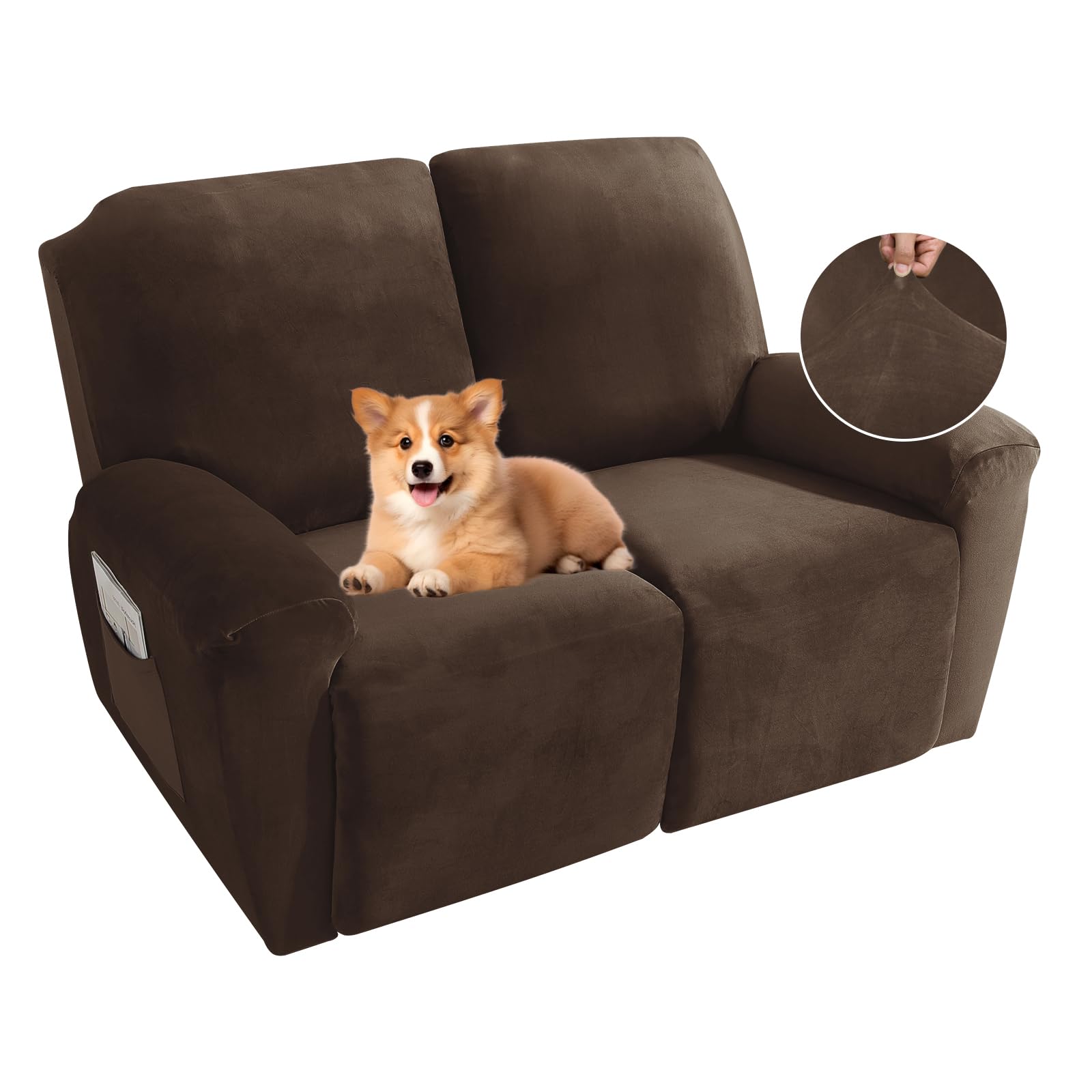 MAXIJIN Recliner Loveseat Slipcover, 6 Pieces Stretch Velvet Reclining Sofa Cover, 2 Seater Love Seat Recliner Couch Cover, Thick, Soft, Washable Furniture Cover (Loveseat Recliner, Dark Coffee)