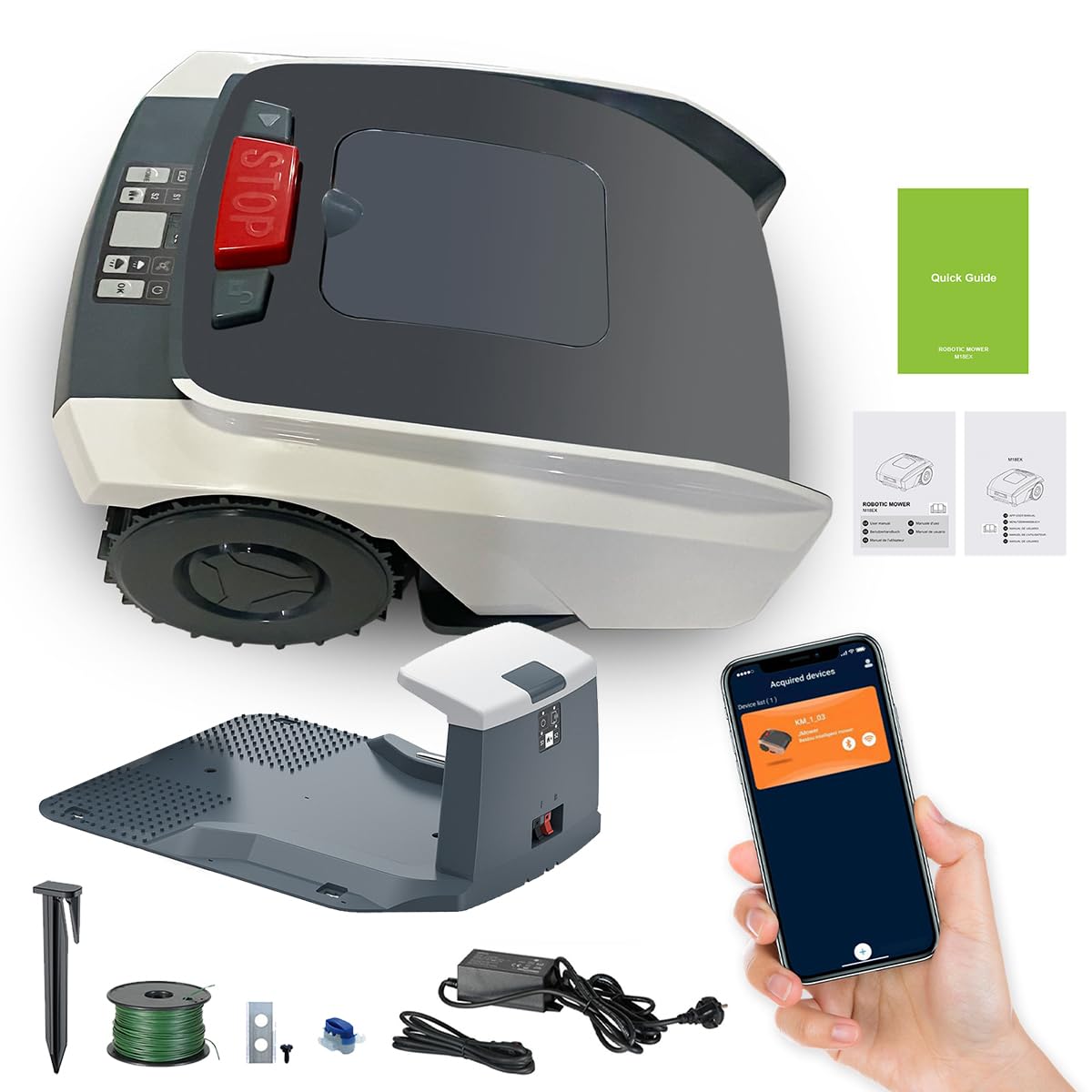 Robot Cortacésped para Jardín de hasta 1000 m², App Control 4,4 Ah Robot Cortacésped con Orugas Paralelas, Estación de Carga, Ancho de Corte 19 cm, Altura de Corte 20-55 mm, Pendiente 33%