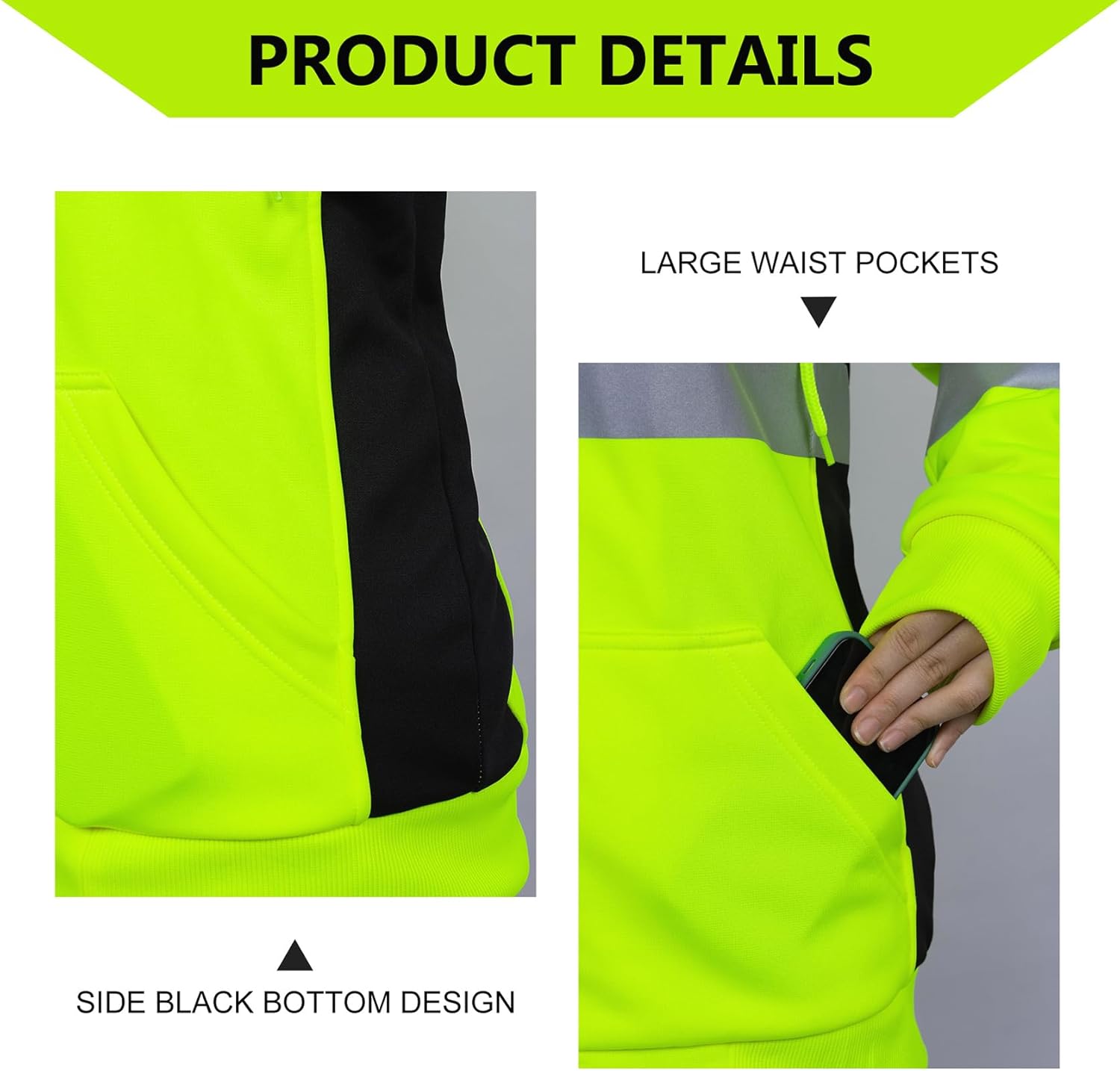 High Visibility Safety Sweatshirt for Women Reflective Fleece Inner Hi Vis Construction Work Hoodie with Detachable Hat Full Zip - Image 5