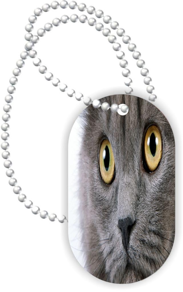 Island Gifting - Grey Cat Face Close-Up - Aluminum Dog Tag Necklace Pendant with Ball Chain