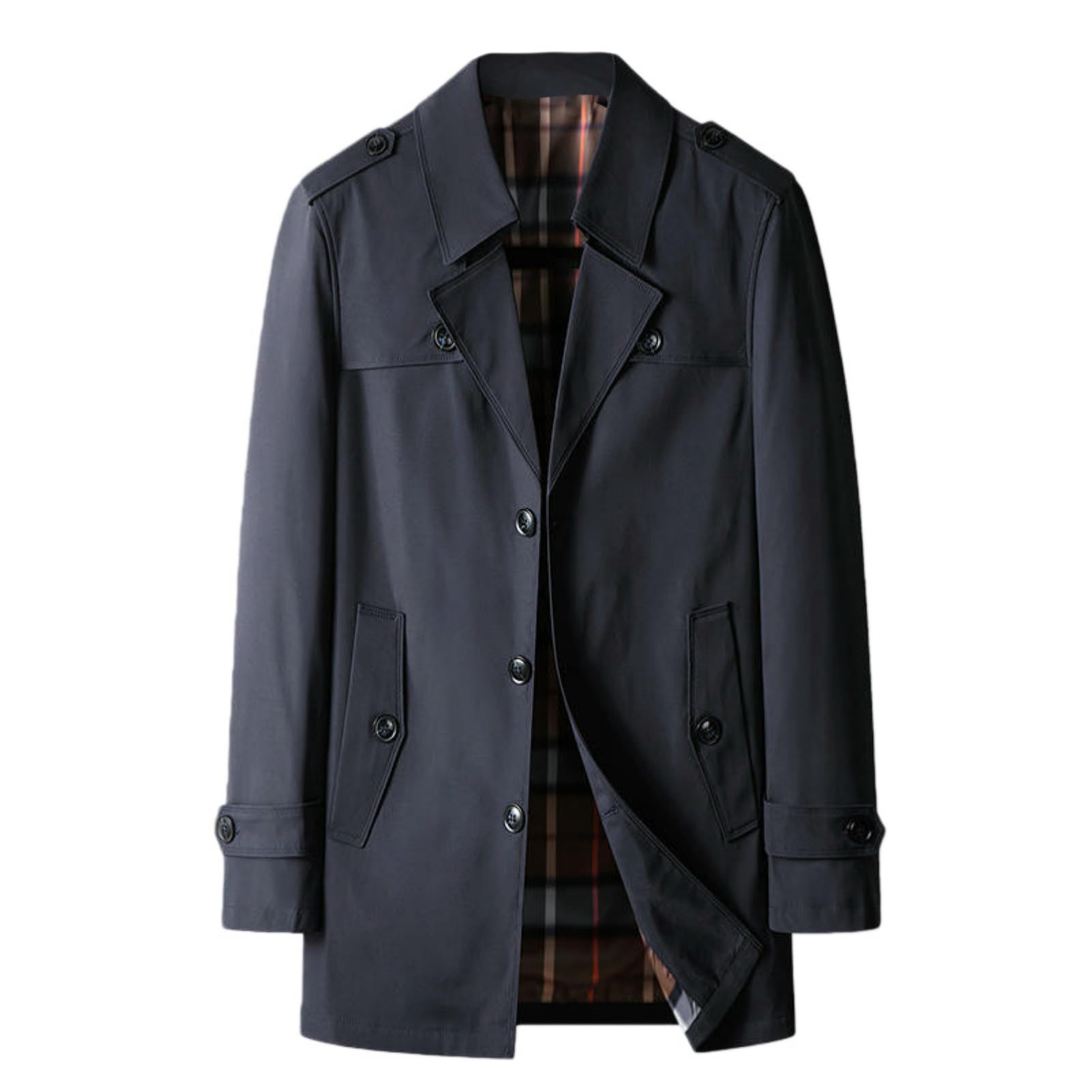 Gabardina azul marino de longitud media ideal para oficina y estilo negocios casual en otoño 7