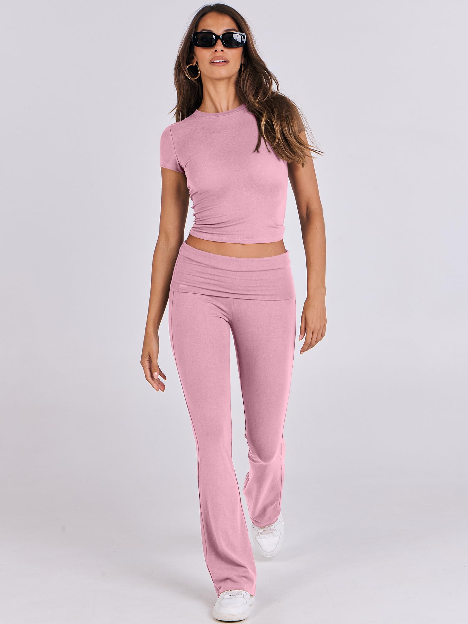 ANRABESS Lounge Sets for Women 2 Piece Foldover Yoga Flare Leggings Pants Crop Tops Casual Y2K Outfits Matching Tracksuit Set: Medium Pink