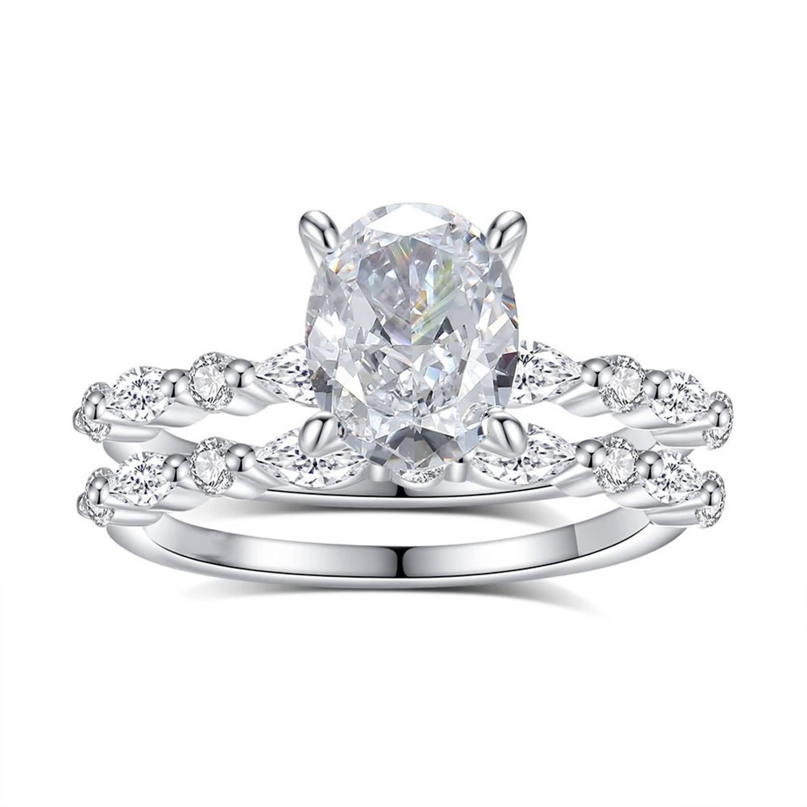 Statement Ring Damen, Promise Ring for Women 2 Schmale Ringe mit 7X9mm Ovalem Moissanit Silber 14K Weißgold Größe 47 (15.0)