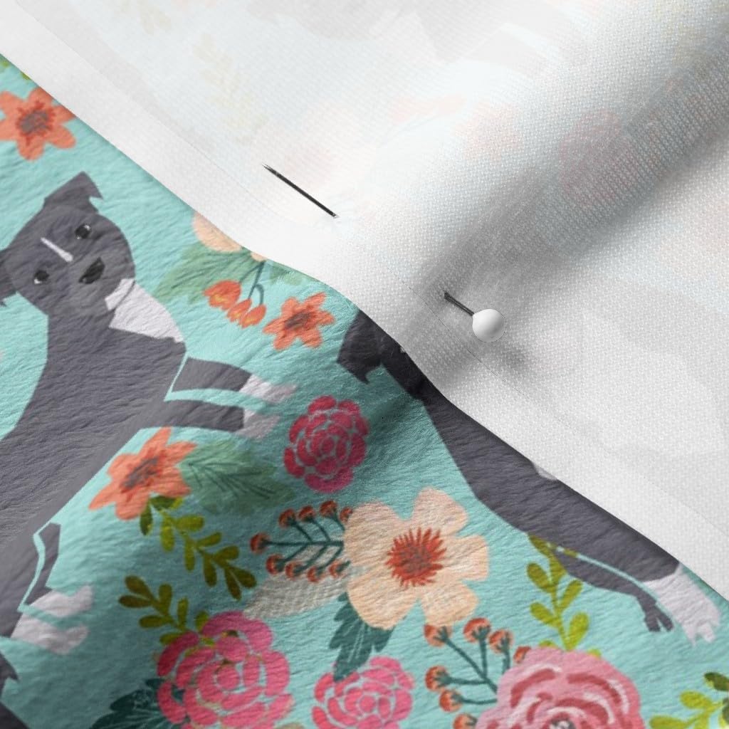 Spoonflower Fabric - Pitbull Terriers Florals Mint Dogs Cute Dog Rescue Flowers Pitbulls Printed on Minky Fabric by The Yard - Sewing Baby Blankets Quilt Backing Plush