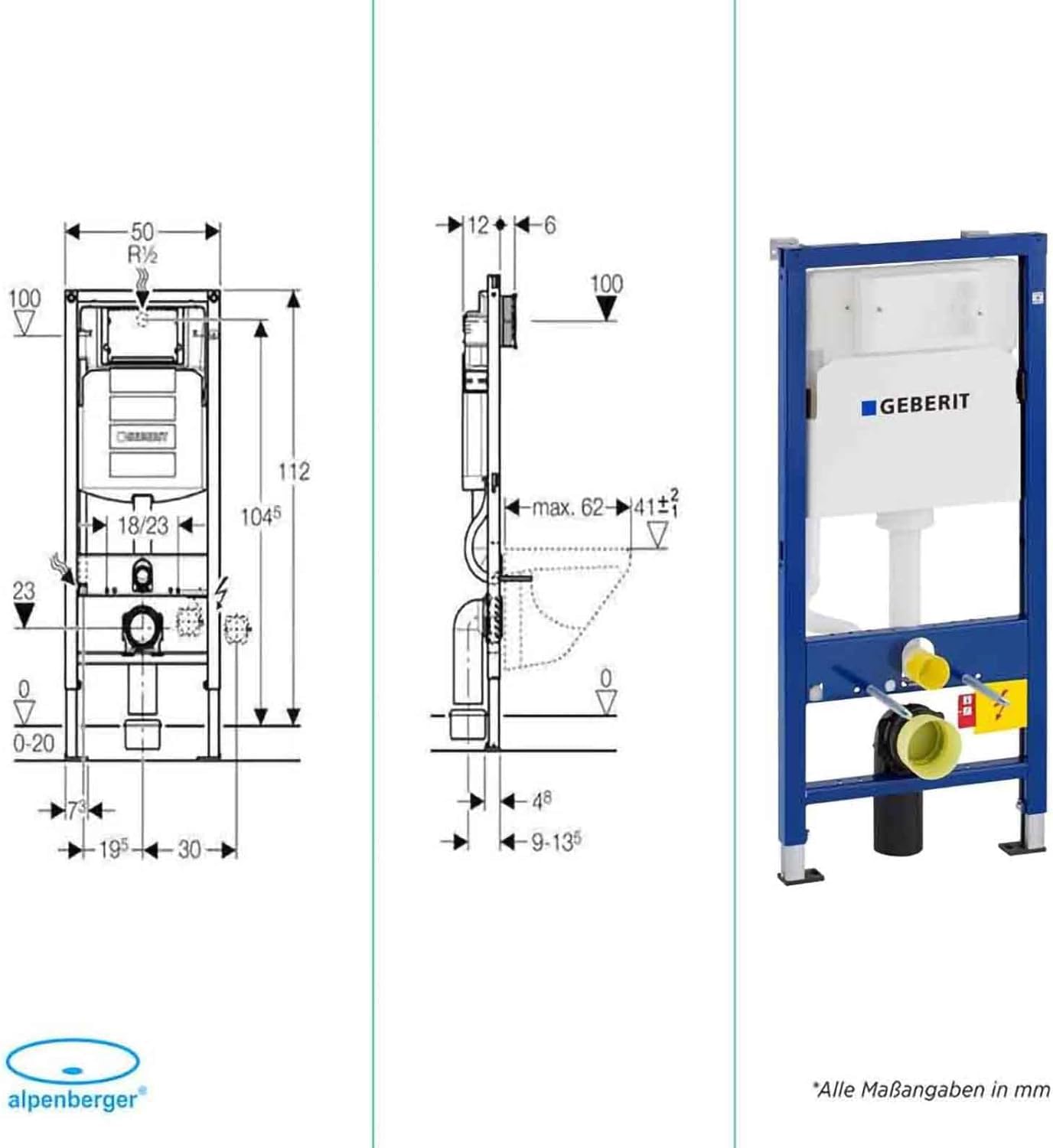 Alpenberger - Juego completo de inodoro suspendido | inodoro sin borde | WC con cisterna Geberit Duofix y placa de accionamiento | Cisterna empotrada | Juego de inodoro de pared