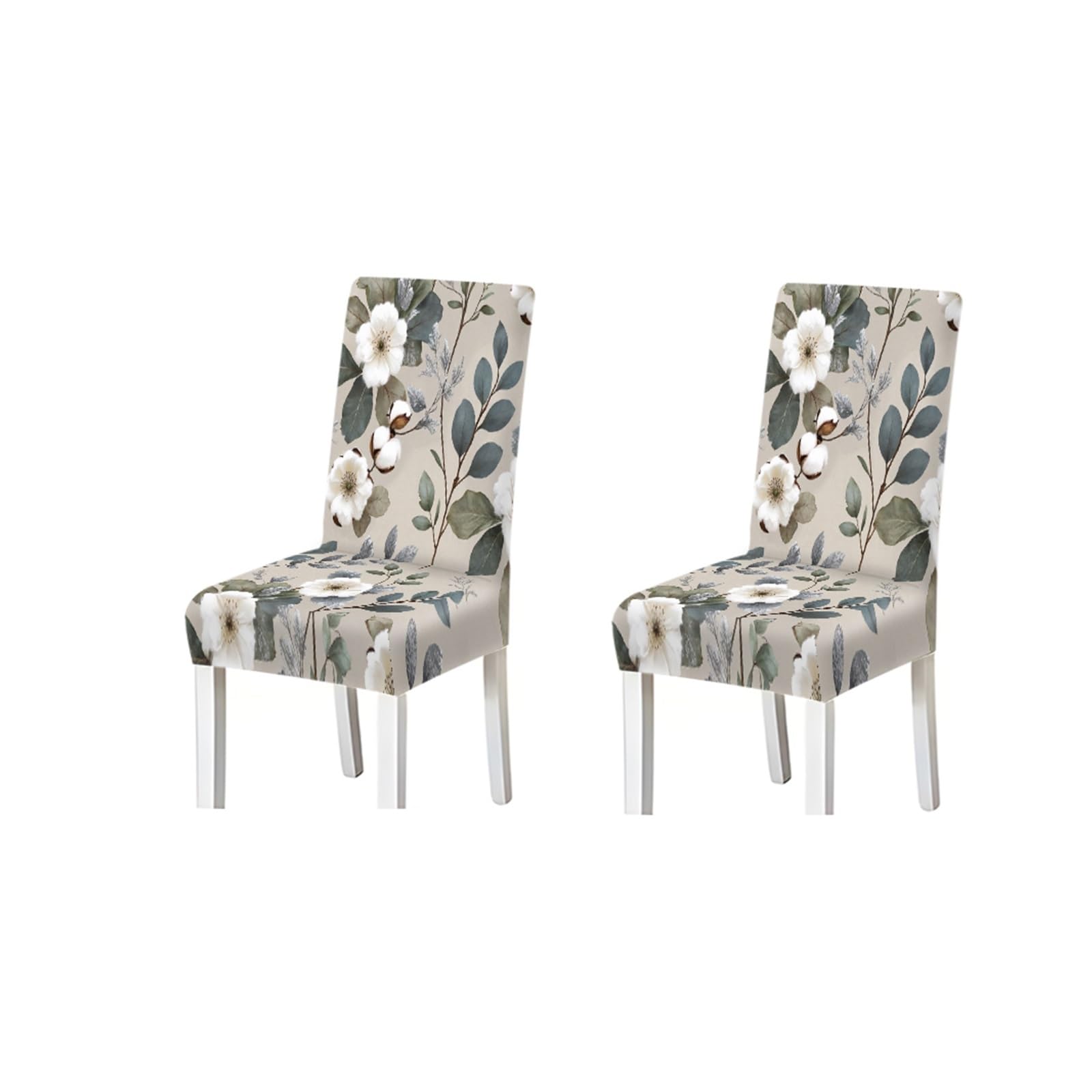 KXUAUV Beige White Cotton Flower Eucalyptus Print Dining Chair Covers, Stretch Slipcovers For Home Kitchen Dining Room Party, 2/4/6PCS Seat Protectors for Restaurant Hotel Party(2PCS Chair cover)