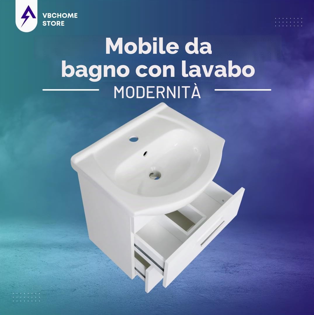 VBChome Set di mobili da bagno 50 x 53 x 43 cm con lavabo in ceramica e pensile con 2 cassetti - Compatto, funzionale ed elegante per piccoli bagni