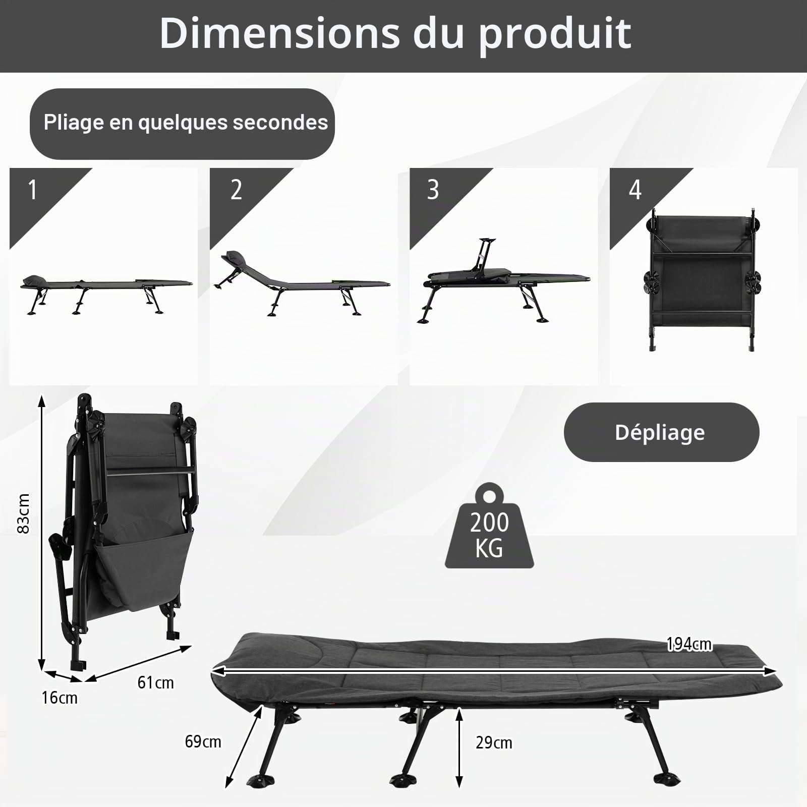 SOARS Chaise longue pliable pour pêche à la carpe - 6 positions réglables - Avec oreiller et matelas - Chaise longue stable à 6 pieds - Charge maximale : 200 kg - 194 x 66 x 29 cm