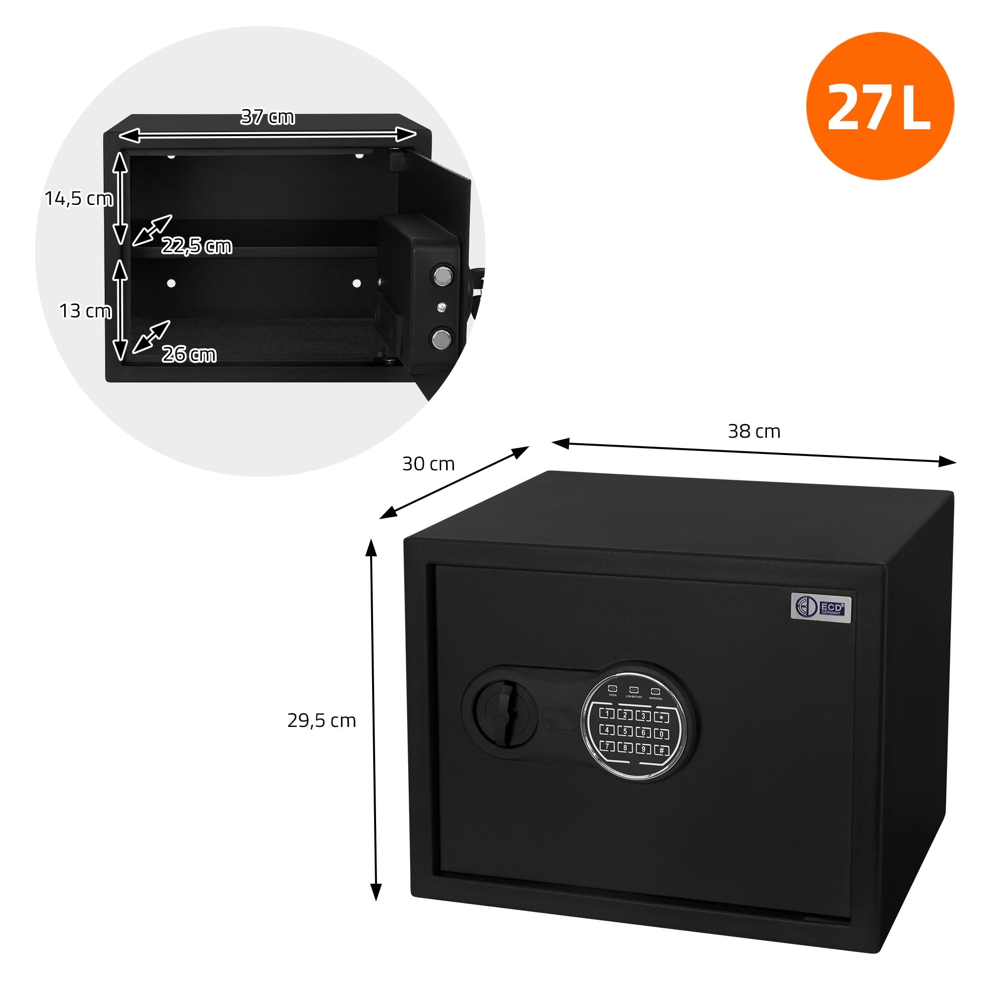 ECD Germany Coffre-Fort 27L 38x30x29,5cm, en Acier, Fixation Mural, avec Lumière à Capteur, Clavier Numérique, Code PIN et Clé, Caisse Électronique pour Bijoux/Argent, Porte-Documents Ignifuge inclus