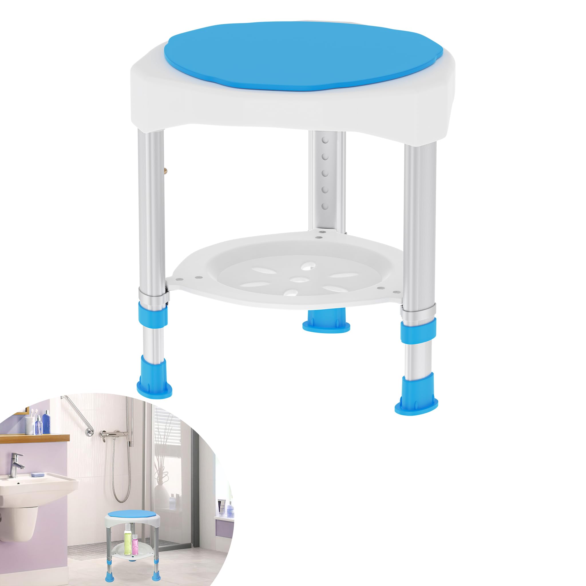 Taboret prysznicowy obracany o 360°, z regulacją wysokości 45-57 cm, z półkami, pomoc pod prysznic, antypoślizgowa, dla seniorów, kobiet w ciąży