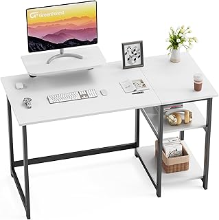 GreenForest Computer Home Office Schreibtisch mit reversiblen Speicherregalen 100cm Kleiner mit justierbaren Regalen für kleine Räume,Schlafzimmer,Student, moderner PC Laptop Tisch,weiß