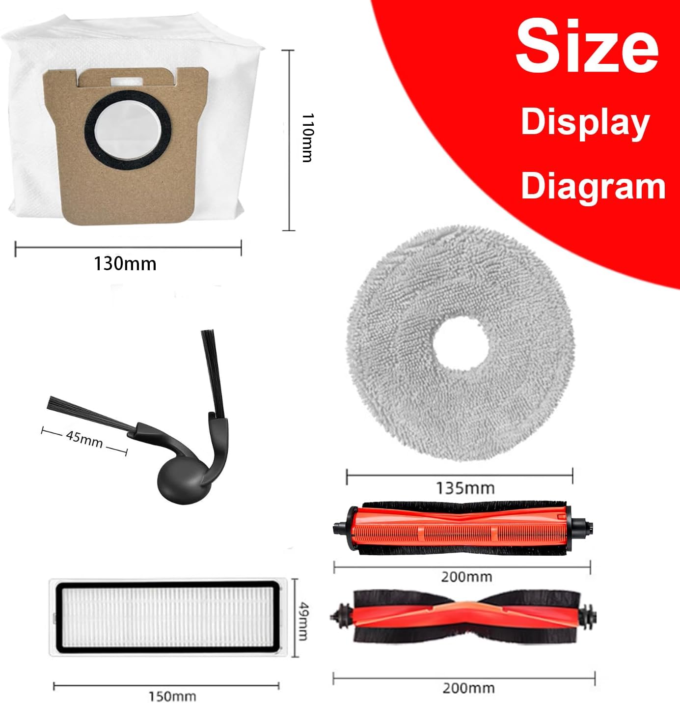 36Pcs Accessories Kit for Xiaomi 5 Pro / OV21GL Robot Vacuum, 1 Main Brush,1 Rubber Brush,8 Hepa Filter,8 Side Brushes,8 Mop Pads,8 Dust Bags,2Cleaning Tool Replacement Parts