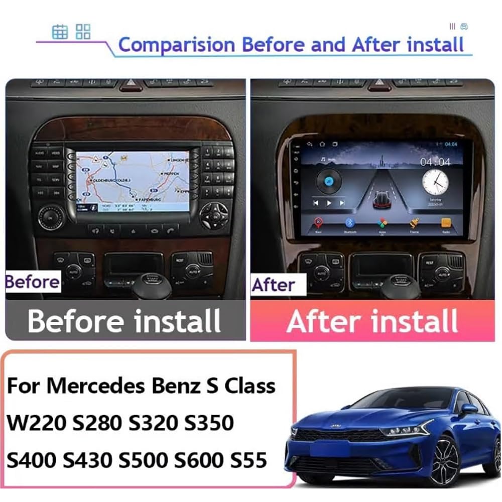 Ekran Carplay dla Mercedes Benz S Class W220 S400 S430 S500 S600 Z Bluetooth, Fm, Aux, Nawigacją Mapową Głosowym Siri; Obsługa Aux/Airplay/Fm, 8 Rdzeń 4G+64G